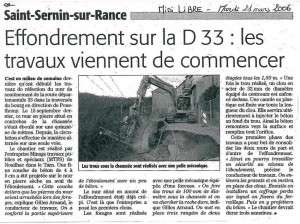 Saint-Sernin-sur-Rance : Effondrement sur la RD 33